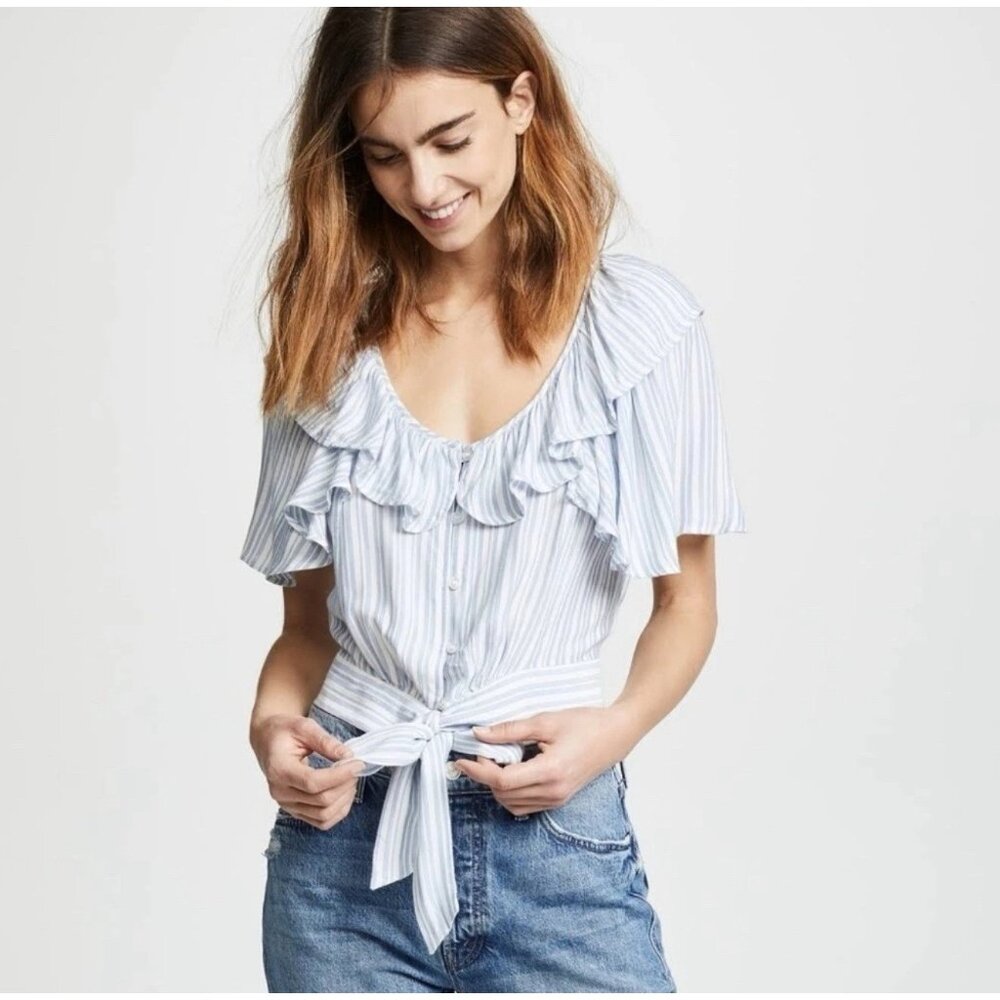Free People Womens Rosemary Blue Stripe Crop Top Large Ruffle Boho Festival